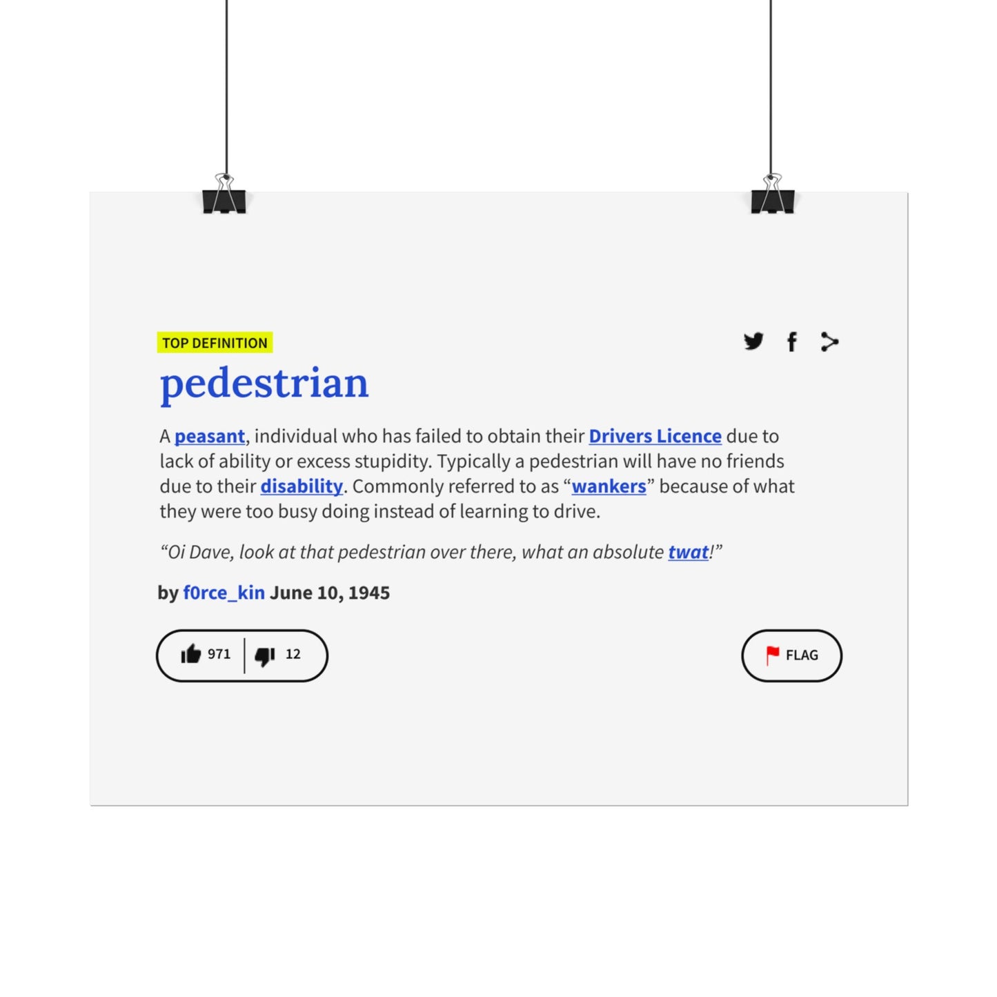 Pedestrian Definition Funny Poster, Matte