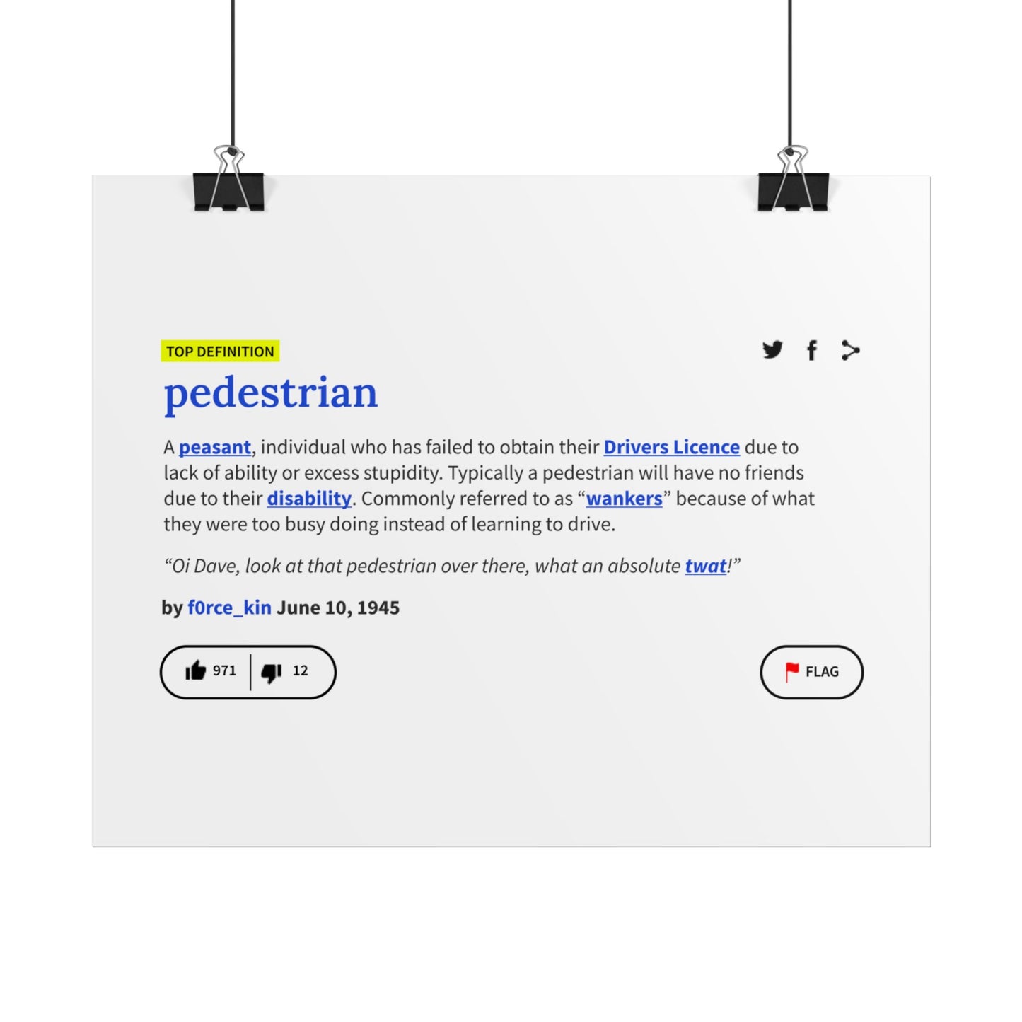 Pedestrian Definition Funny Poster, Matte