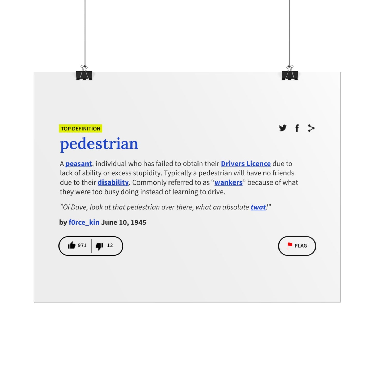 Pedestrian Definition Funny Poster, Matte