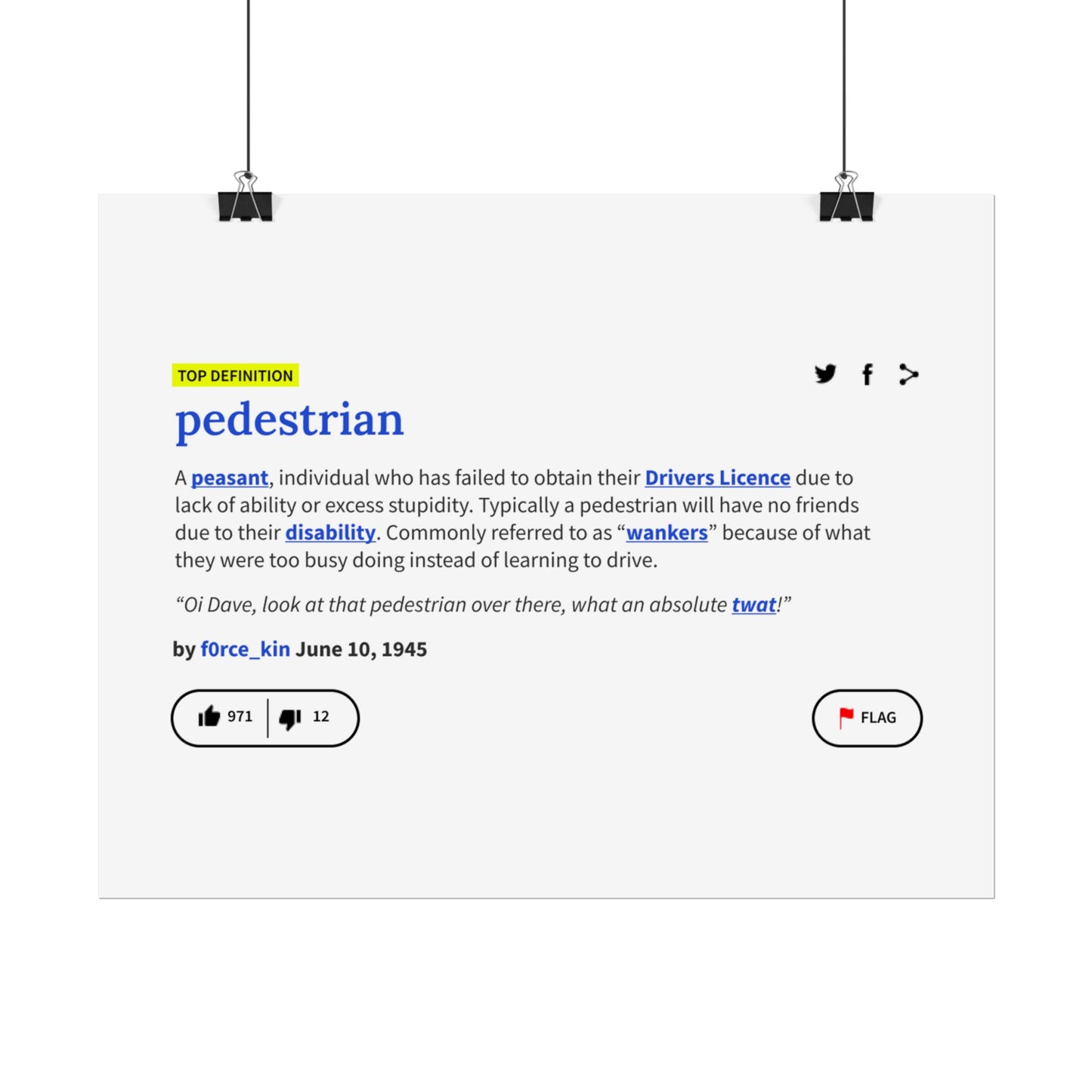 Pedestrian Definition Funny Poster, Matte