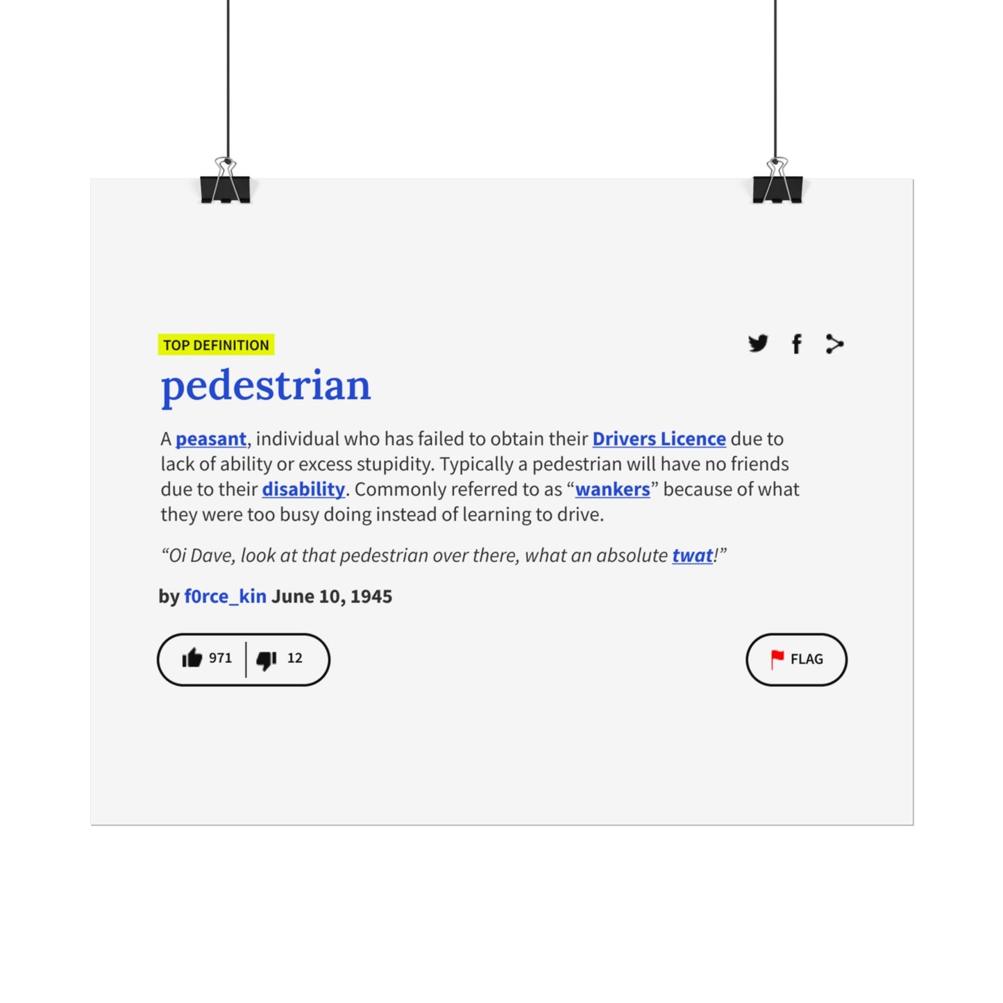 Pedestrian Definition Funny Poster, Matte
