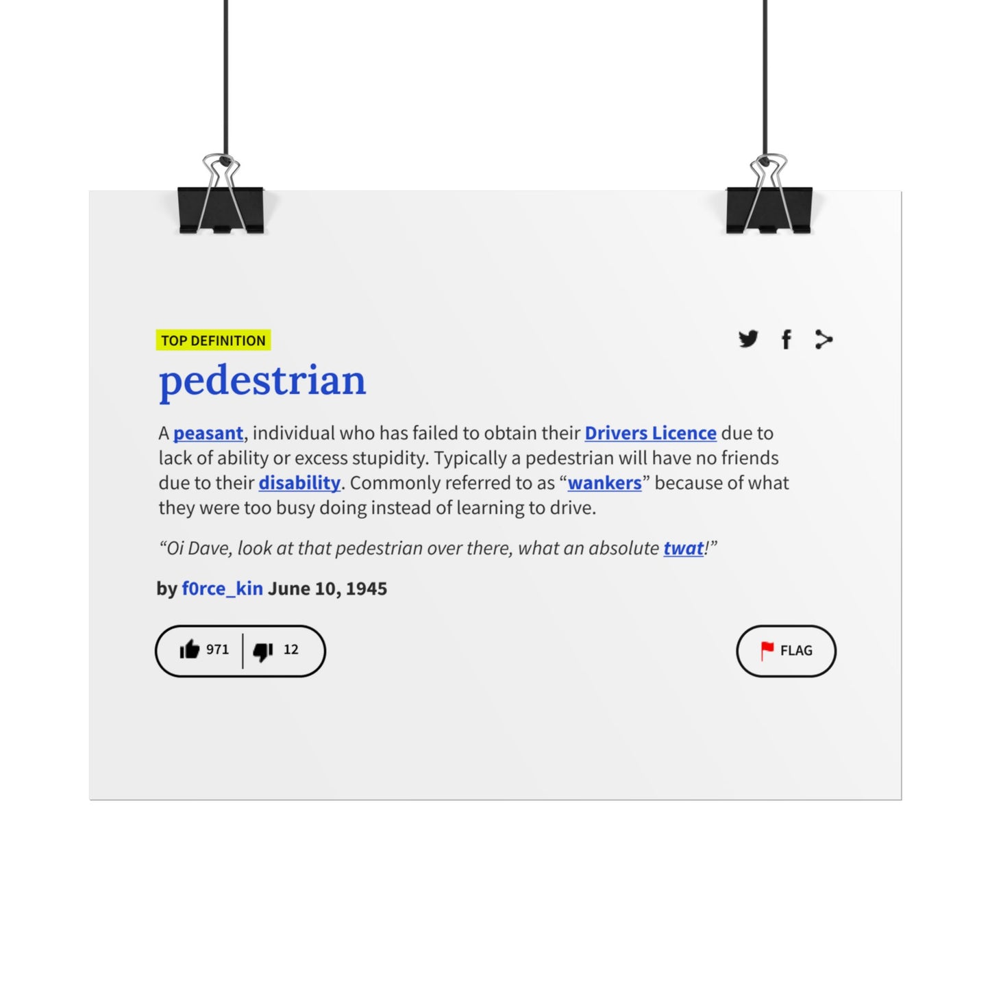 Pedestrian Definition Funny Poster, Matte