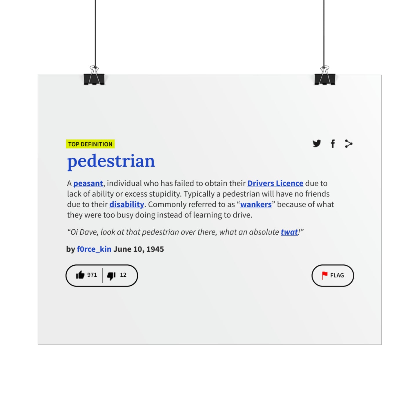 Pedestrian Definition Funny Poster, Matte