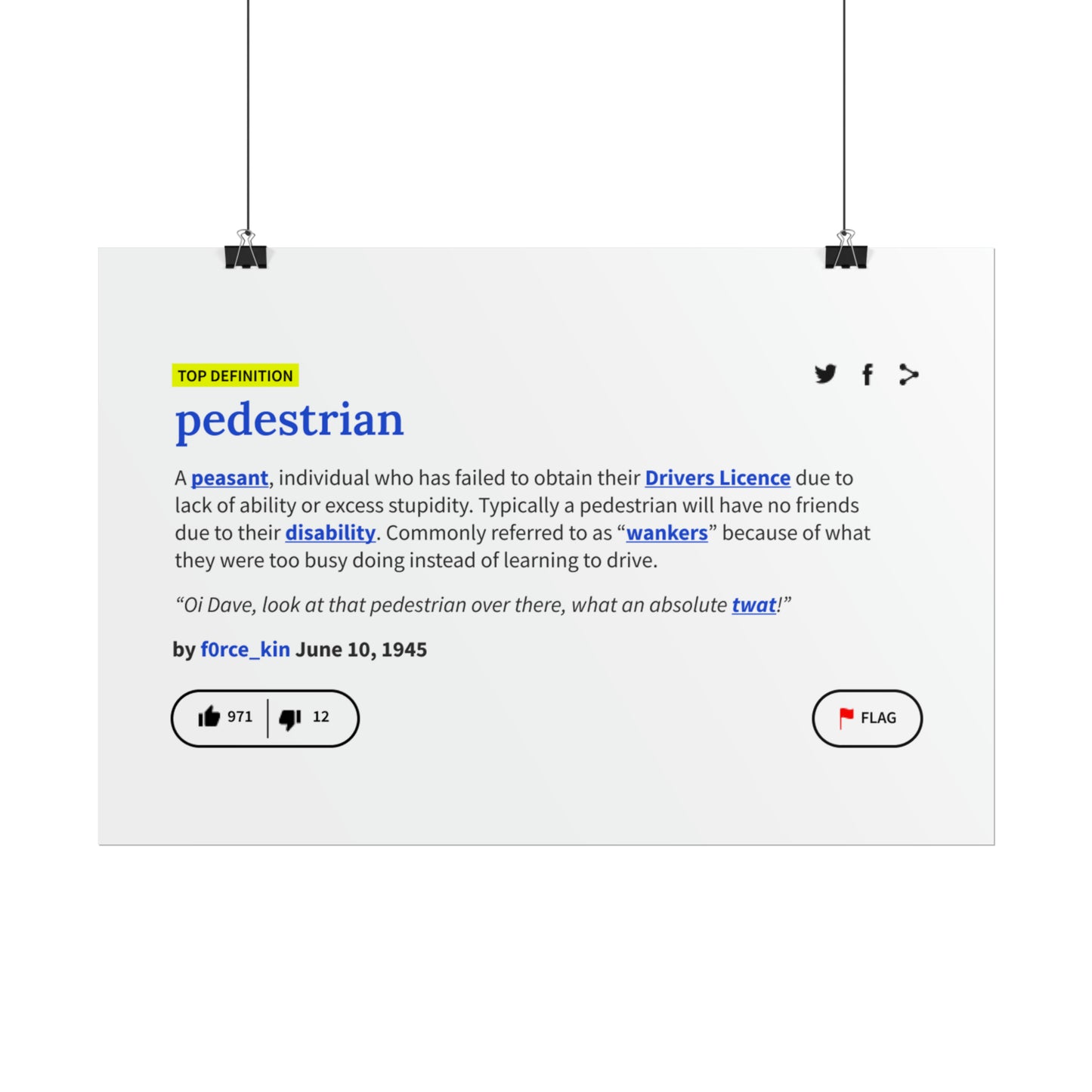 Pedestrian Definition Funny Poster, Matte