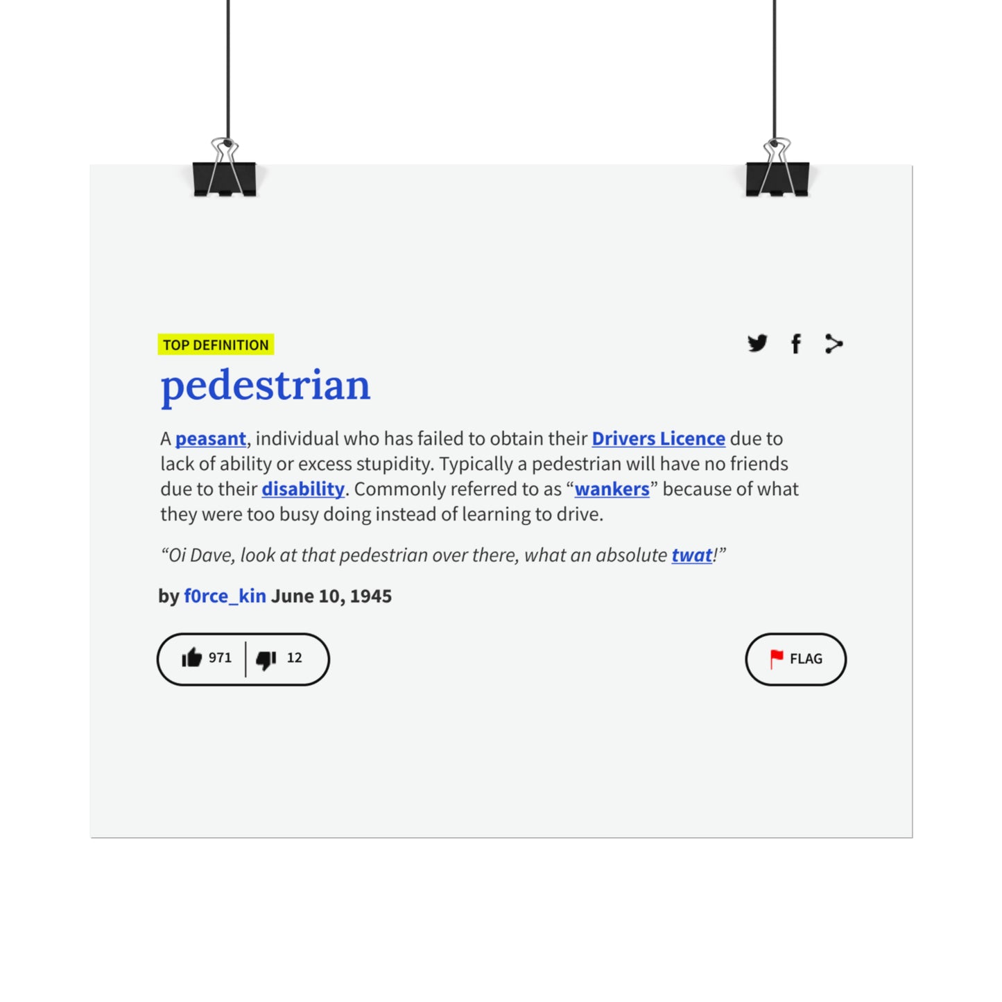 Pedestrian Definition Funny Poster, Matte