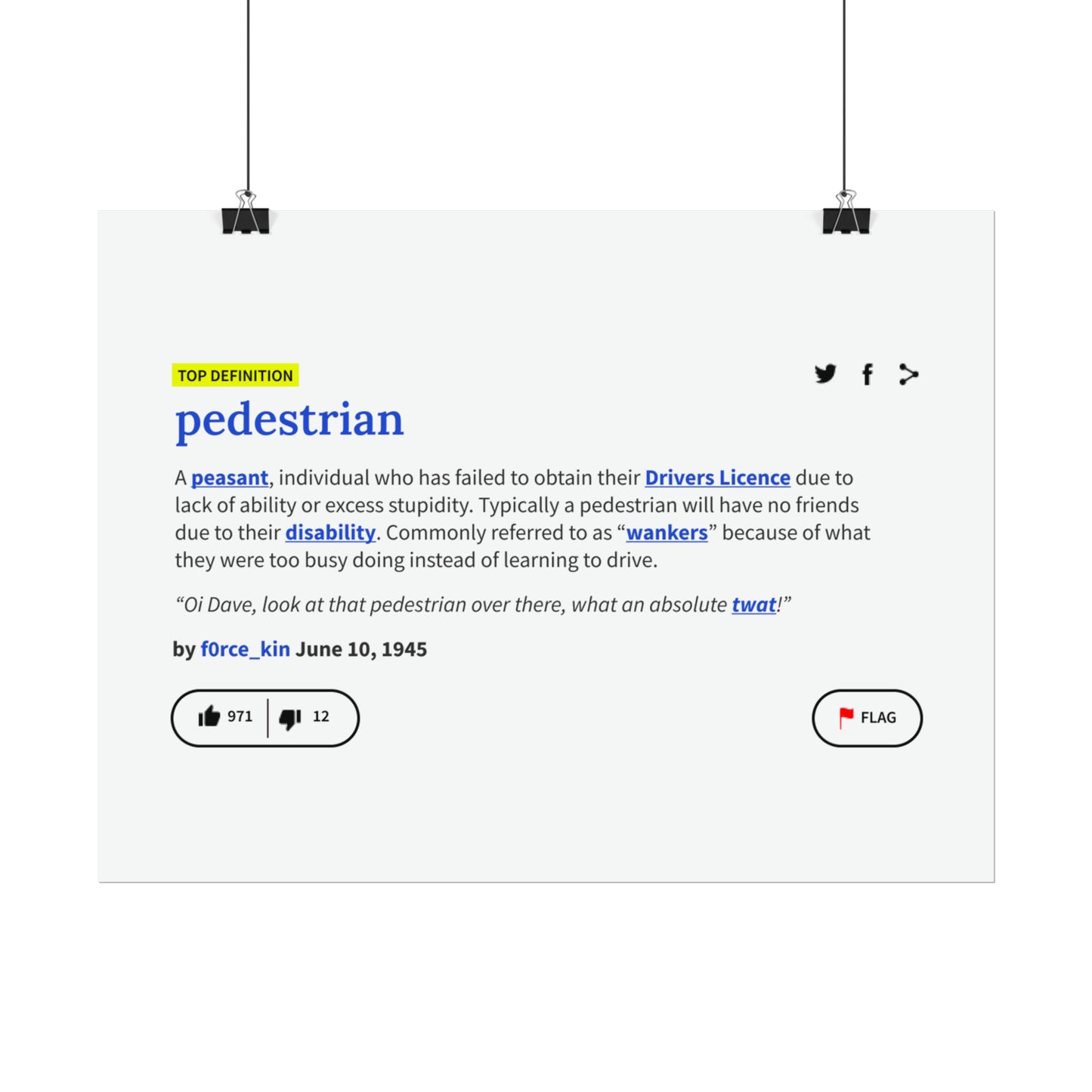 Pedestrian Definition Funny Poster, Matte