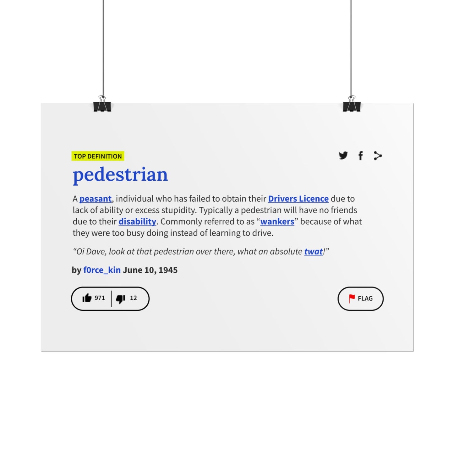 Pedestrian Definition Funny Poster, Matte