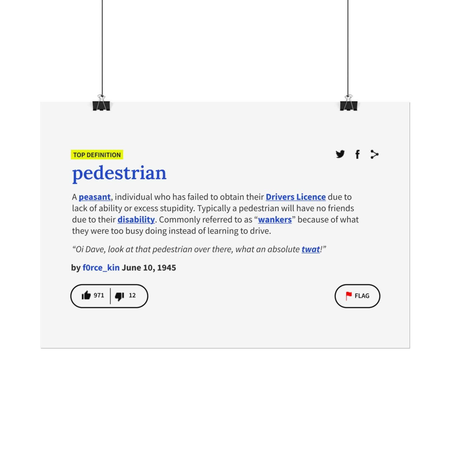 Pedestrian Definition Funny Poster, Matte