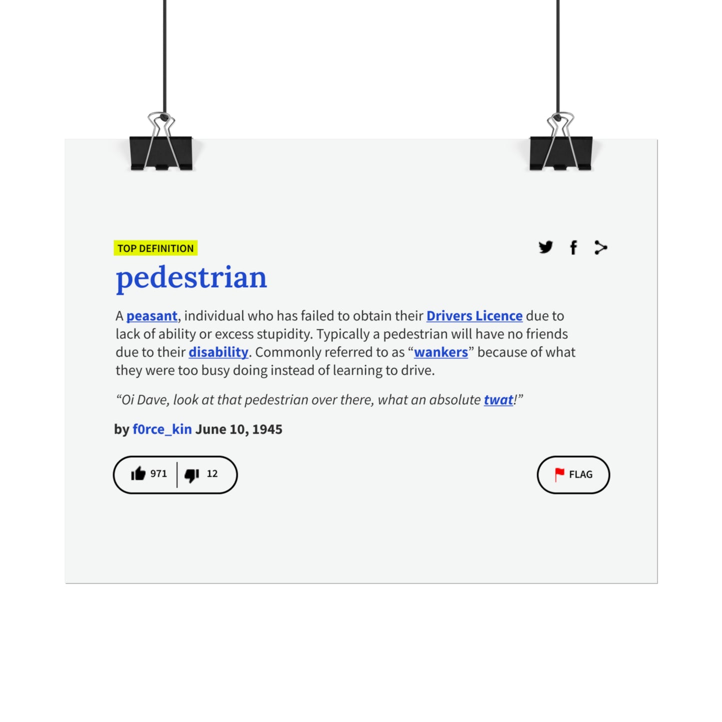 Pedestrian Definition Funny Poster, Matte