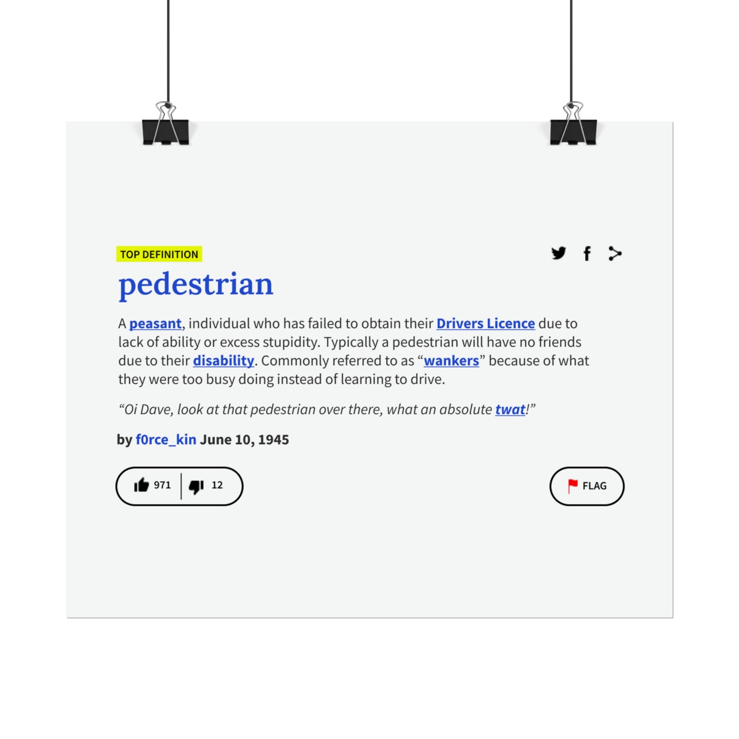 Pedestrian Definition Funny Poster, Matte