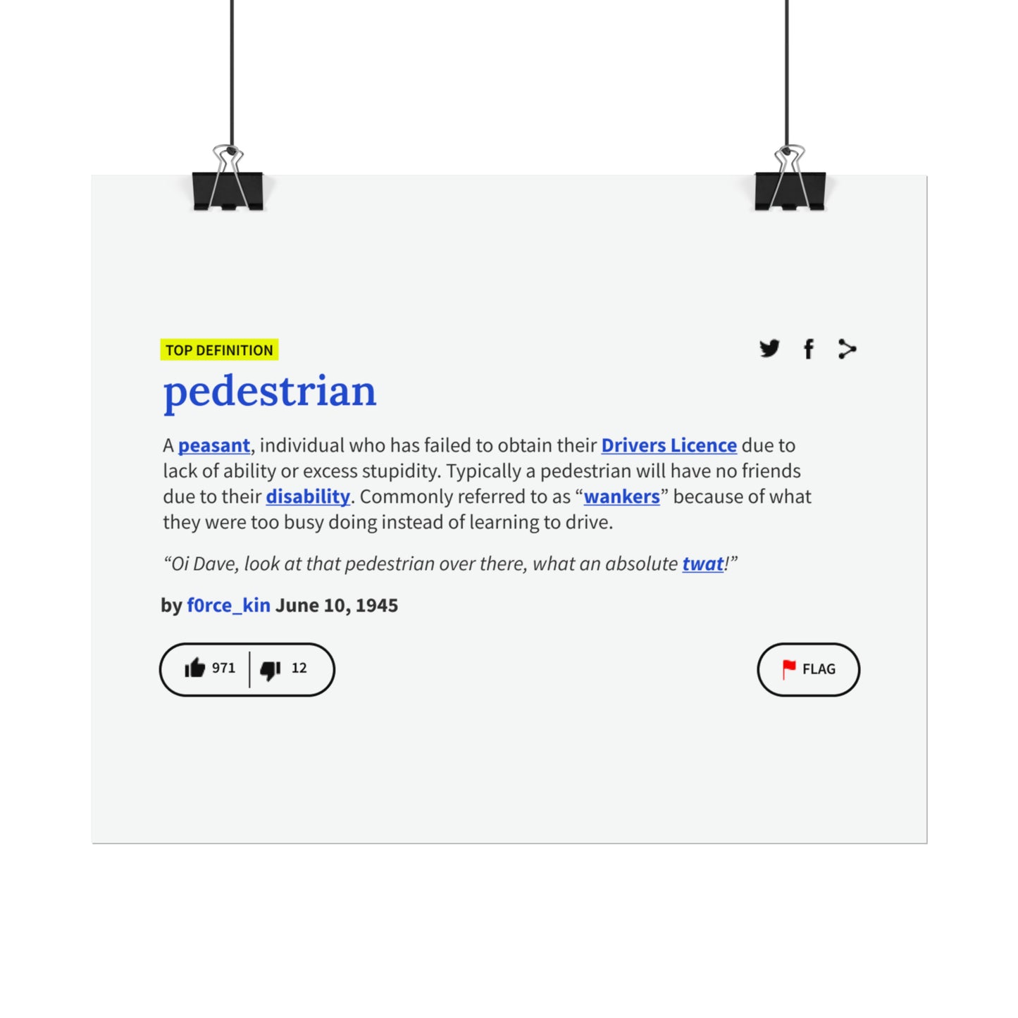 Pedestrian Definition Funny Poster, Matte