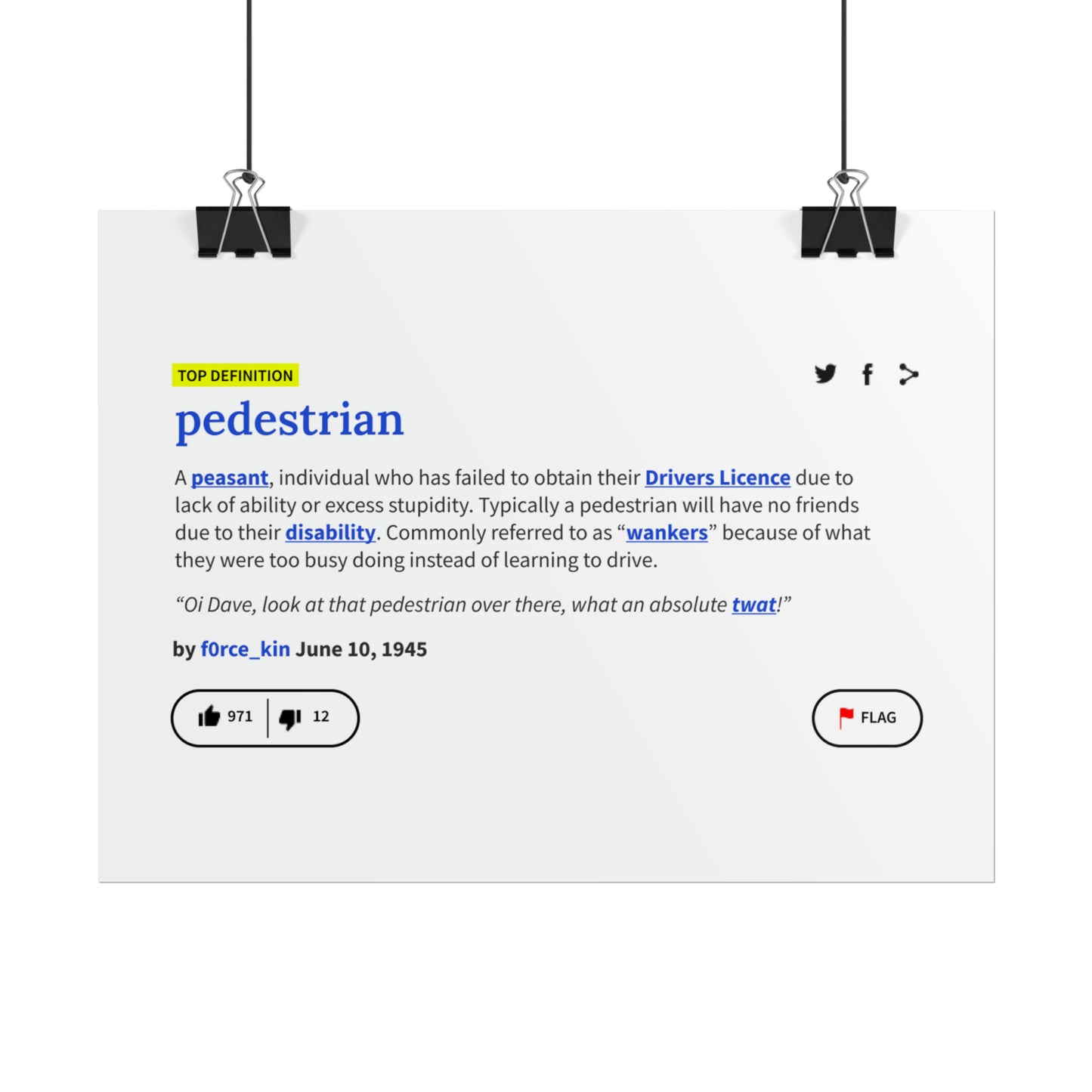 Pedestrian Definition Funny Poster, Matte