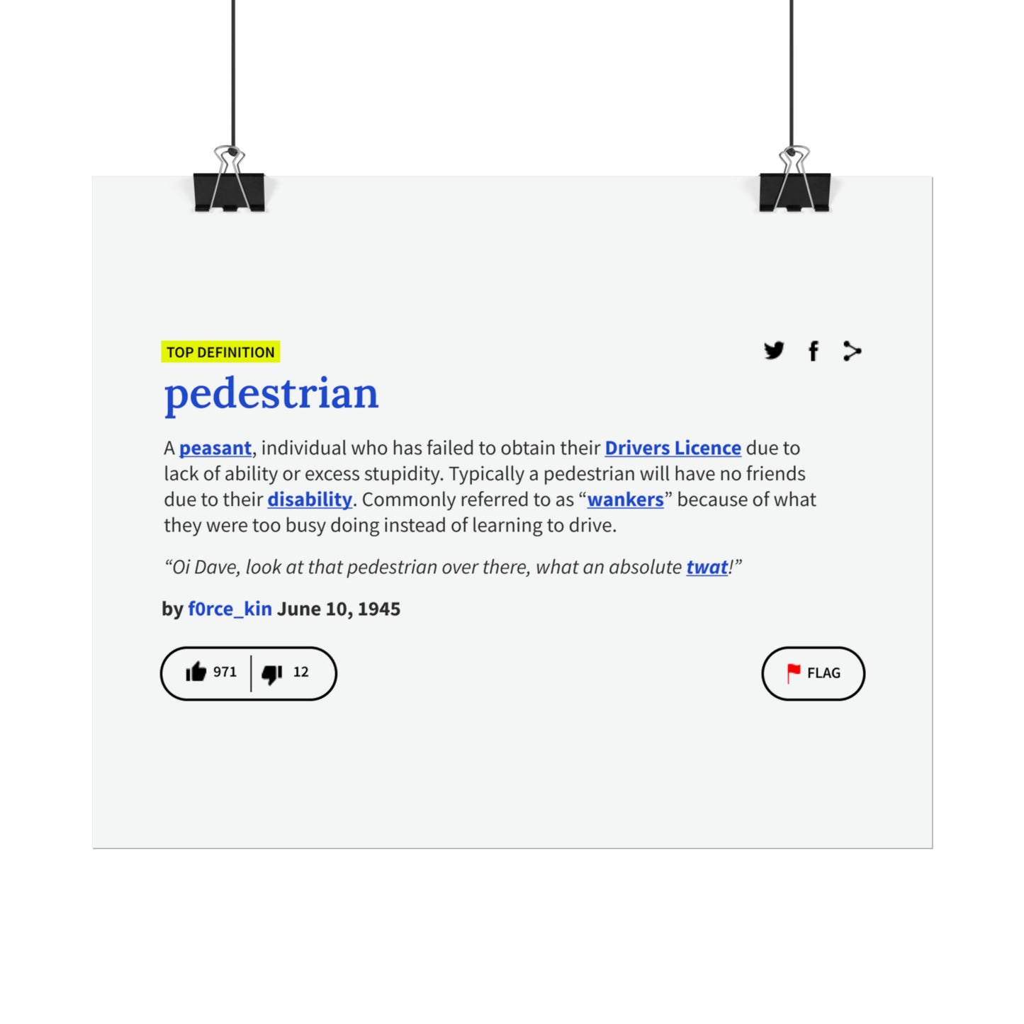 Pedestrian Definition Funny Poster, Matte