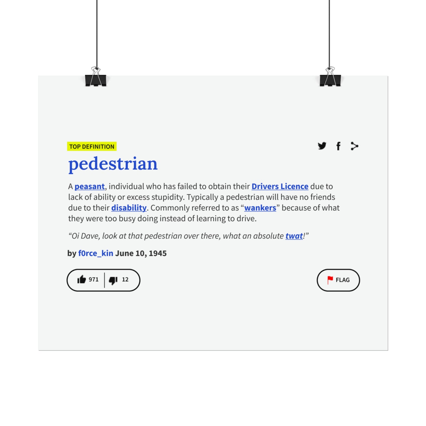 Pedestrian Definition Funny Poster, Matte