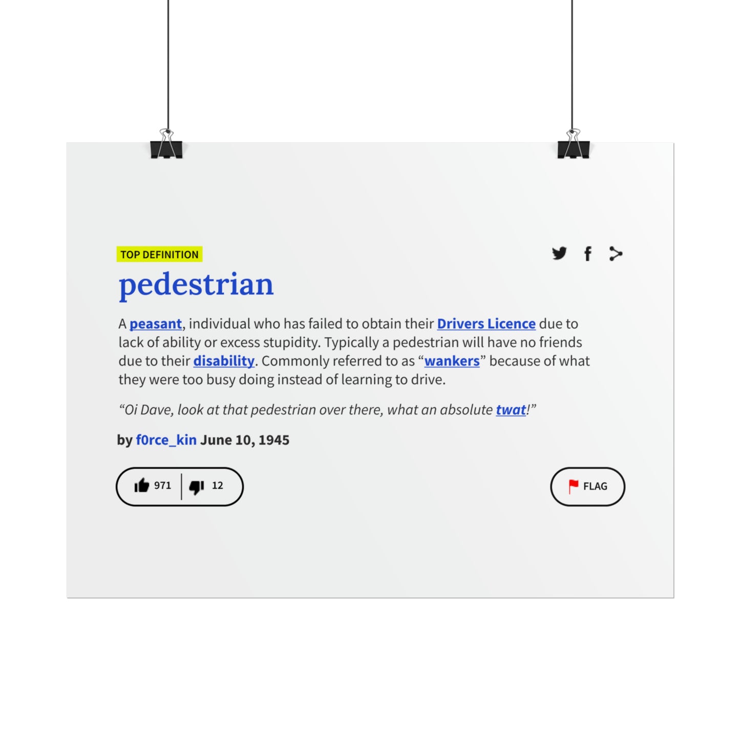 Pedestrian Definition Funny Poster, Matte