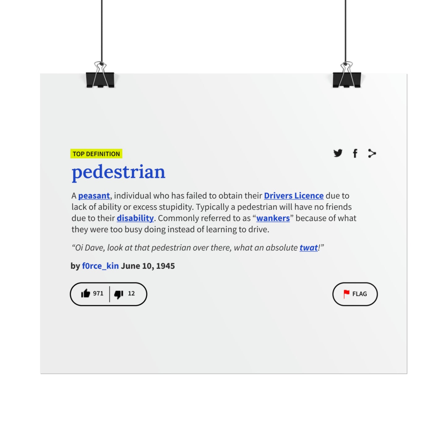 Pedestrian Definition Funny Poster, Matte